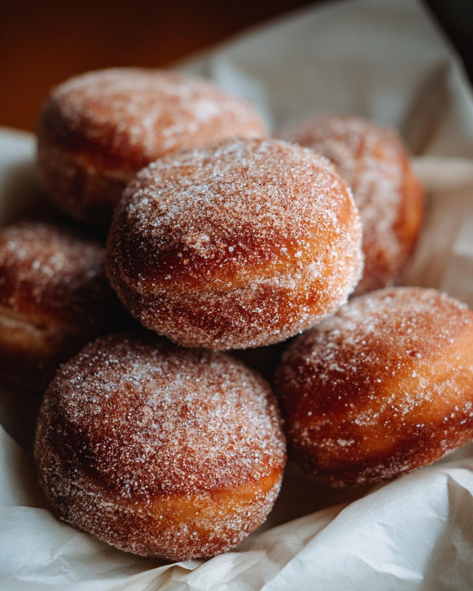 A close-up shot of several freshly made apple cider donuts, coated in cinnamon sugar.