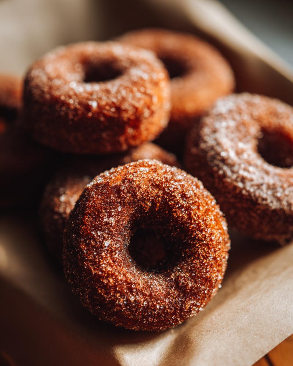 Close-up of freshly made apple cider donuts coated in cinnamon sugar.