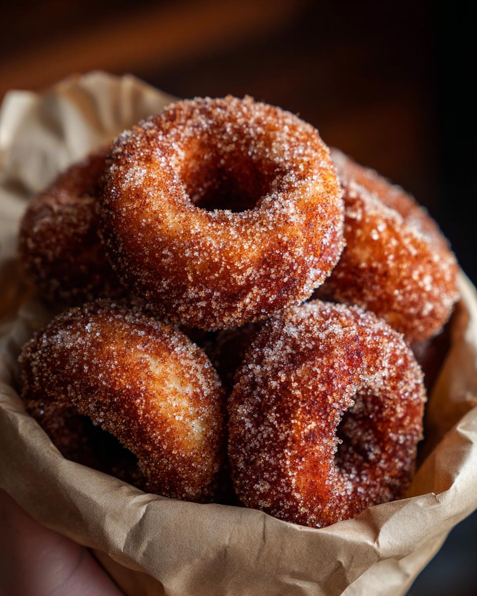 A close-up shot of freshly made apple cider donuts piled in a brown paper bag, coated in cinnamon sugar.