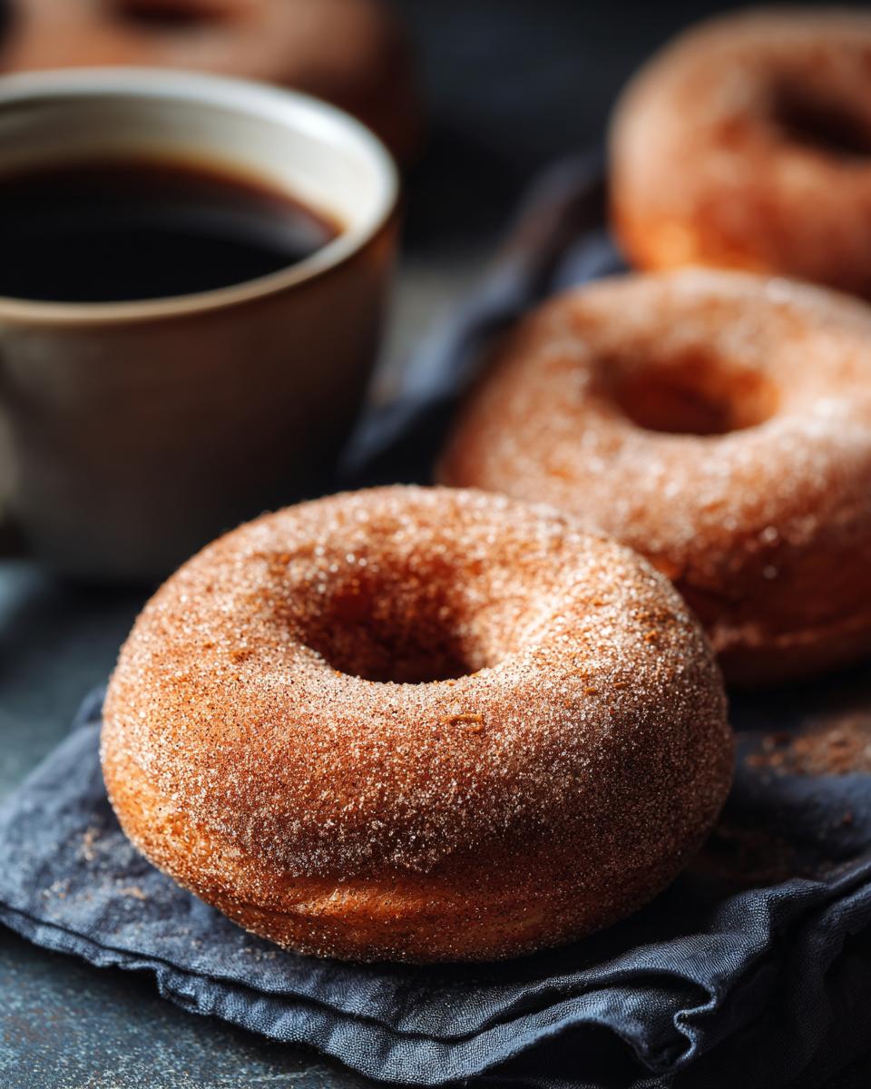 Close-up of freshly made apple cider donuts coated in cinnamon sugar, with a cup of coffee in the background.