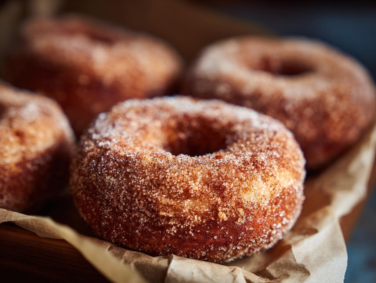 Close-up of freshly made apple cider donuts coated in cinnamon sugar, a perfect fall treat.