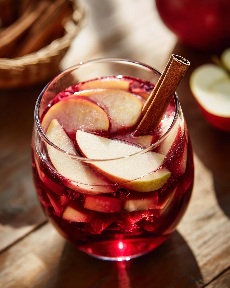 A close-up of a glass filled with Apple Cider Sangria, featuring apple slices and a cinnamon stick.