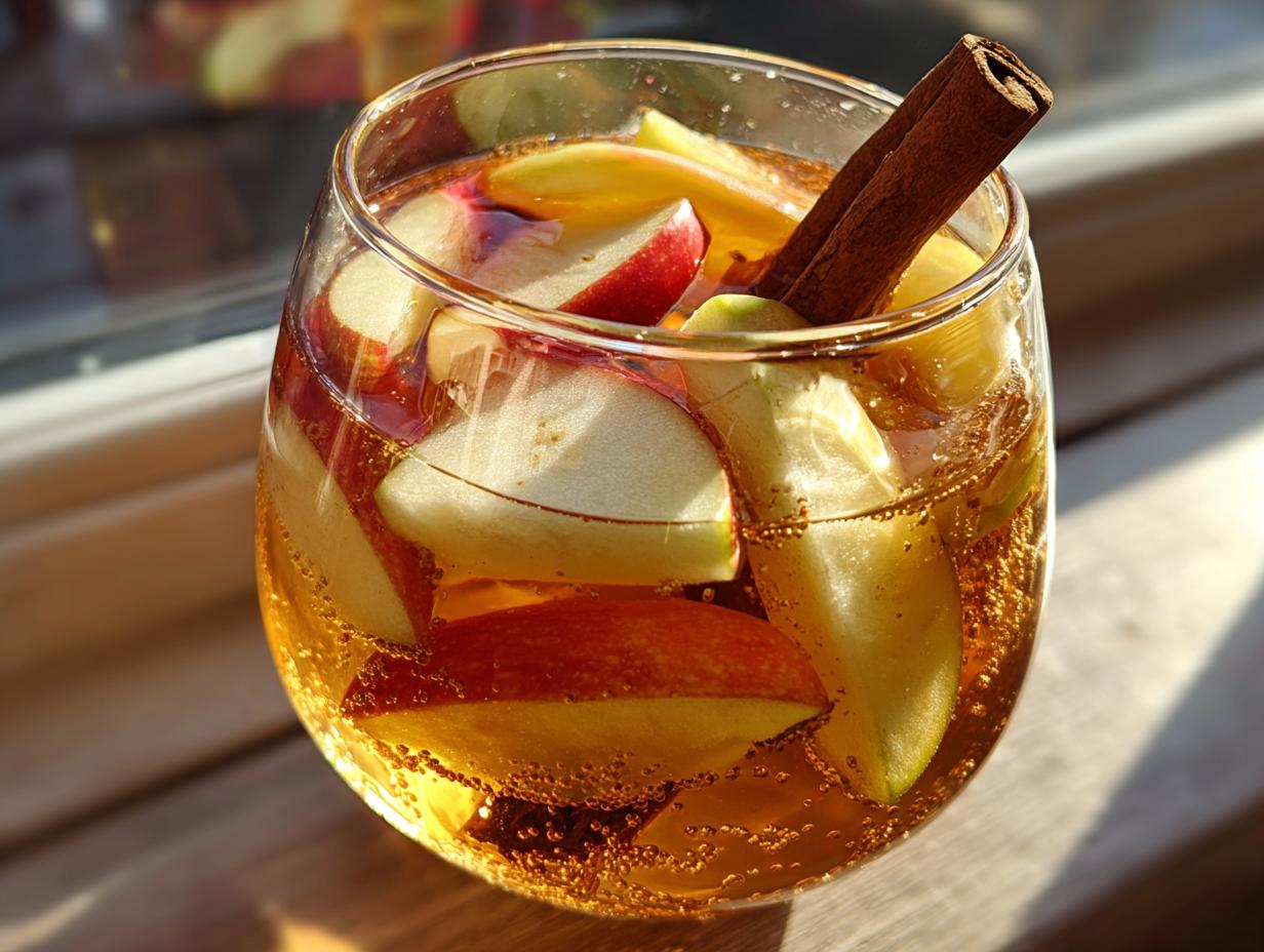 A close-up of a glass filled with Apple Cider Sangria, featuring apple slices and a cinnamon stick.