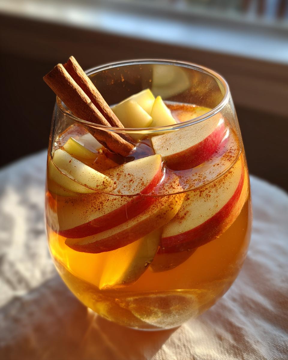 A close-up of a glass filled with Apple Cider Sangria, garnished with apple slices and cinnamon sticks.