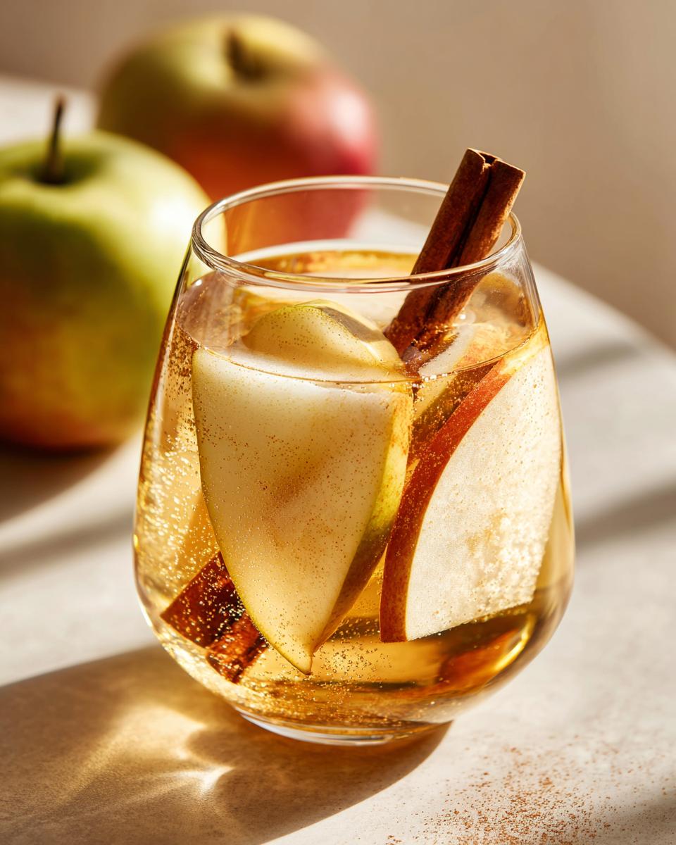 A close-up of a glass filled with Apple Cider Sangria, featuring slices of apple and pear, cinnamon sticks, and bubbles.