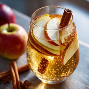 Close-up of a glass filled with bubbly Apple Cider Sangria, garnished with apple slices and a cinnamon stick.