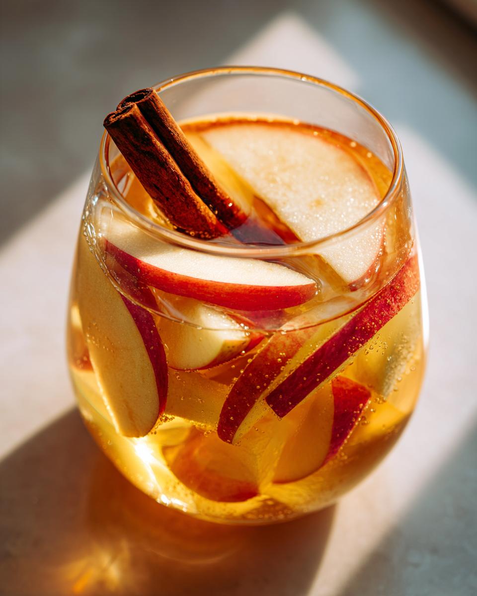 A close-up of a glass filled with Apple Cider Sangria, featuring apple slices and a cinnamon stick.