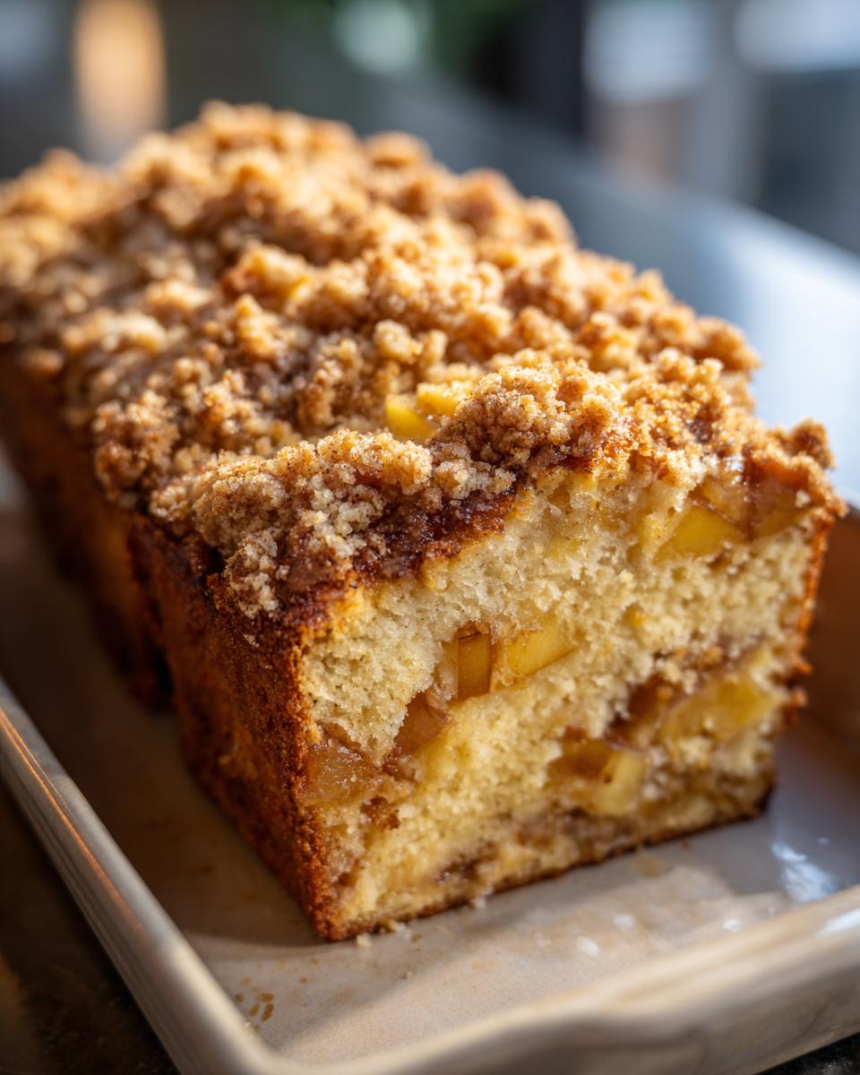 Close-up of a slice of Apple Cinnamon French Toast Bake with a crumb topping and visible apple chunks.