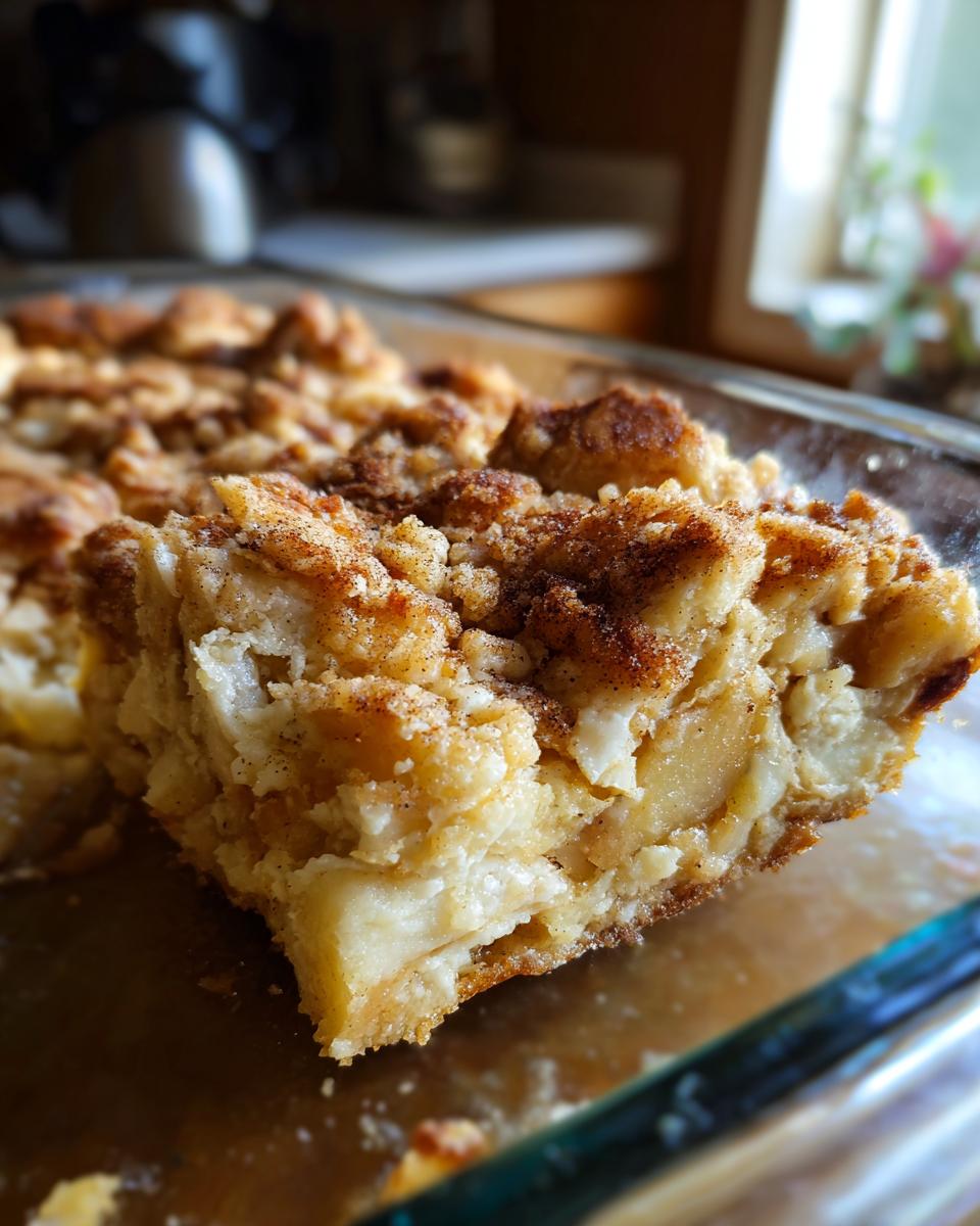A close-up of a slice of Apple Cinnamon French Toast Bake in a glass dish, showing chunks of apple and a crumb topping.