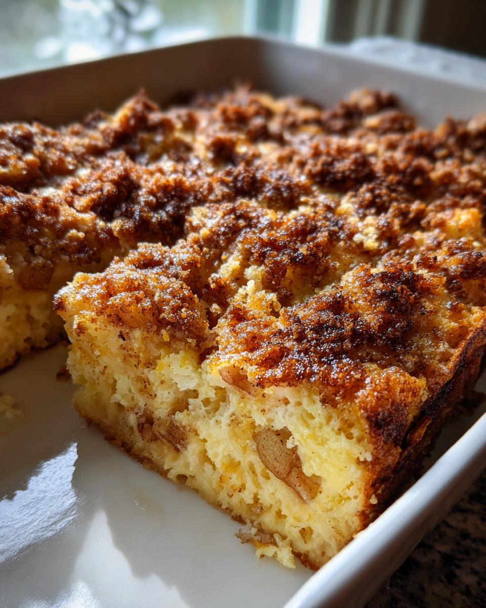A close-up of a slice of Apple Cinnamon French Toast Bake, showing its fluffy texture and cinnamon crumble topping.