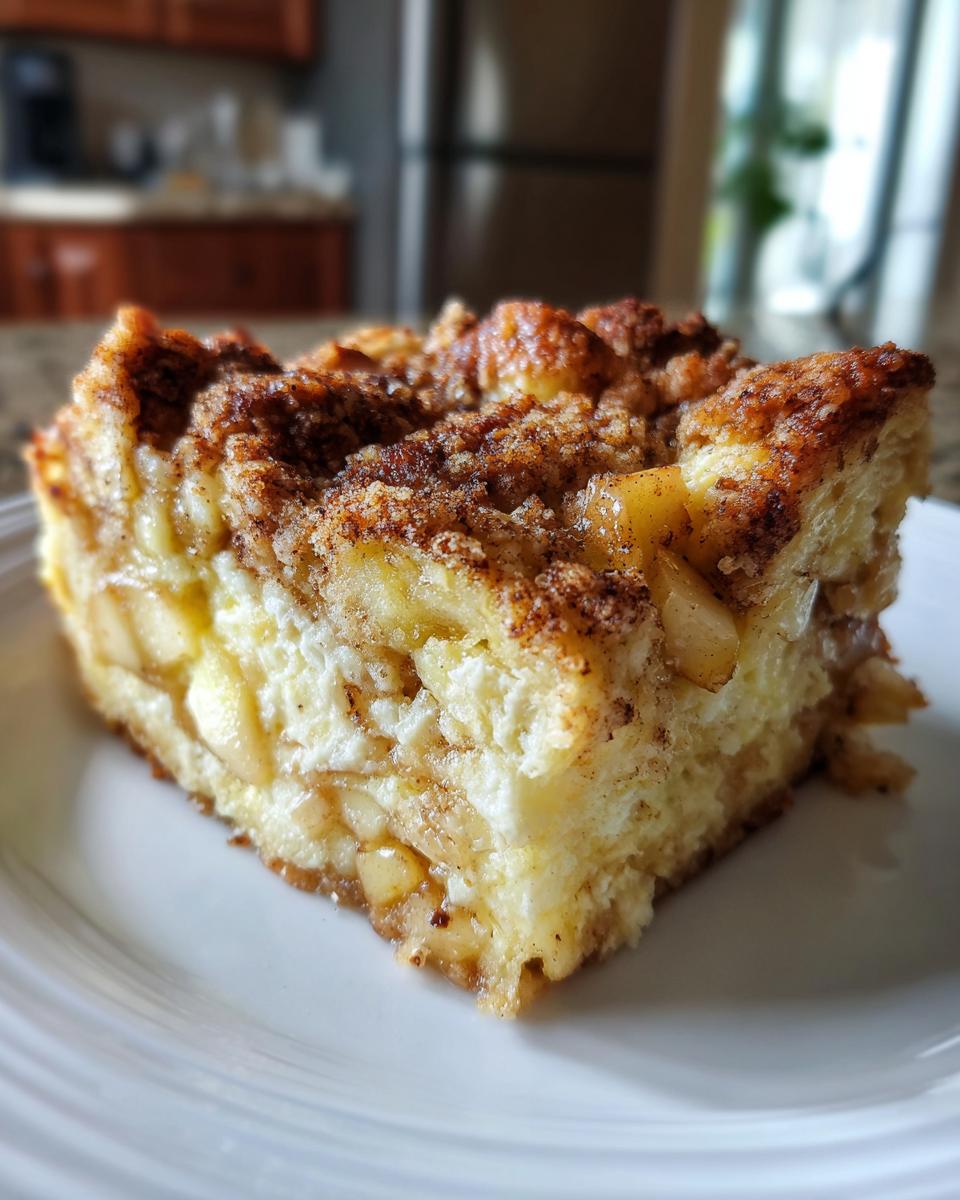 A close-up of a slice of Apple Cinnamon French Toast Bake on a white plate, featuring chunks of apple and a cinnamon-sugar topping.