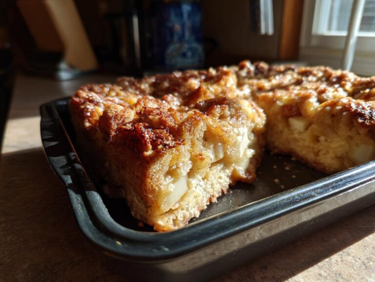 A close-up of a slice of Apple Cinnamon French Toast Bake, showing chunks of apple and a golden-brown topping.