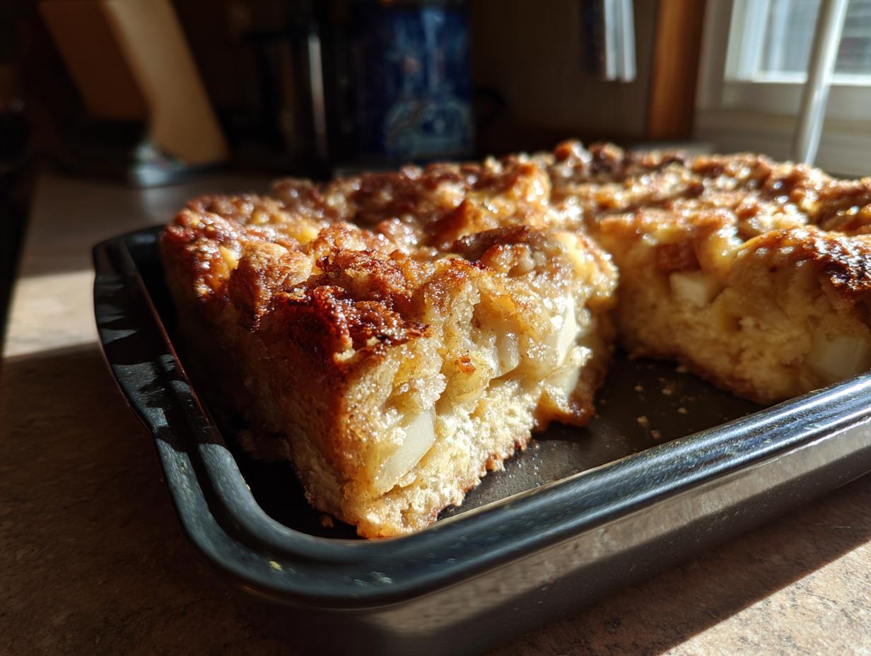 A close-up of a slice of Apple Cinnamon French Toast Bake, showing chunks of apple and a golden-brown topping.
