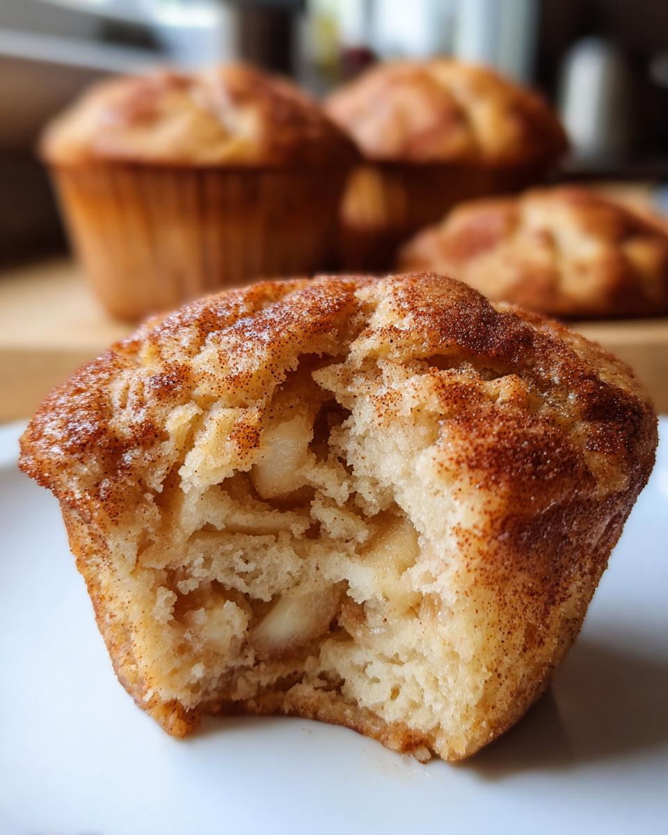 Close-up of a tender Apple Cinnamon Muffin with a bite taken out, revealing chunks of apple and a cinnamon-sugar topping.