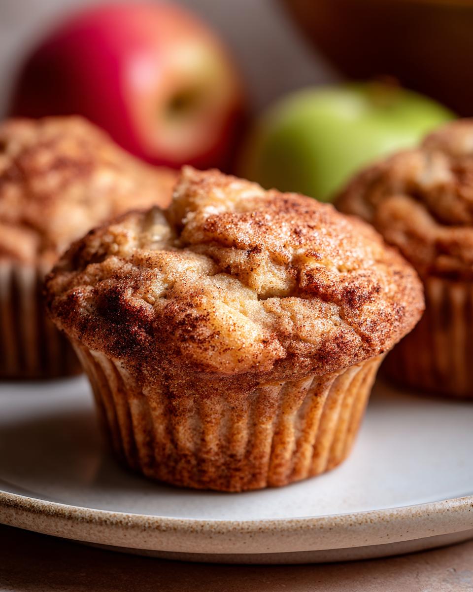 Close-up of a tender Apple Cinnamon Muffin dusted with cinnamon sugar, with more muffins and apples in the background.