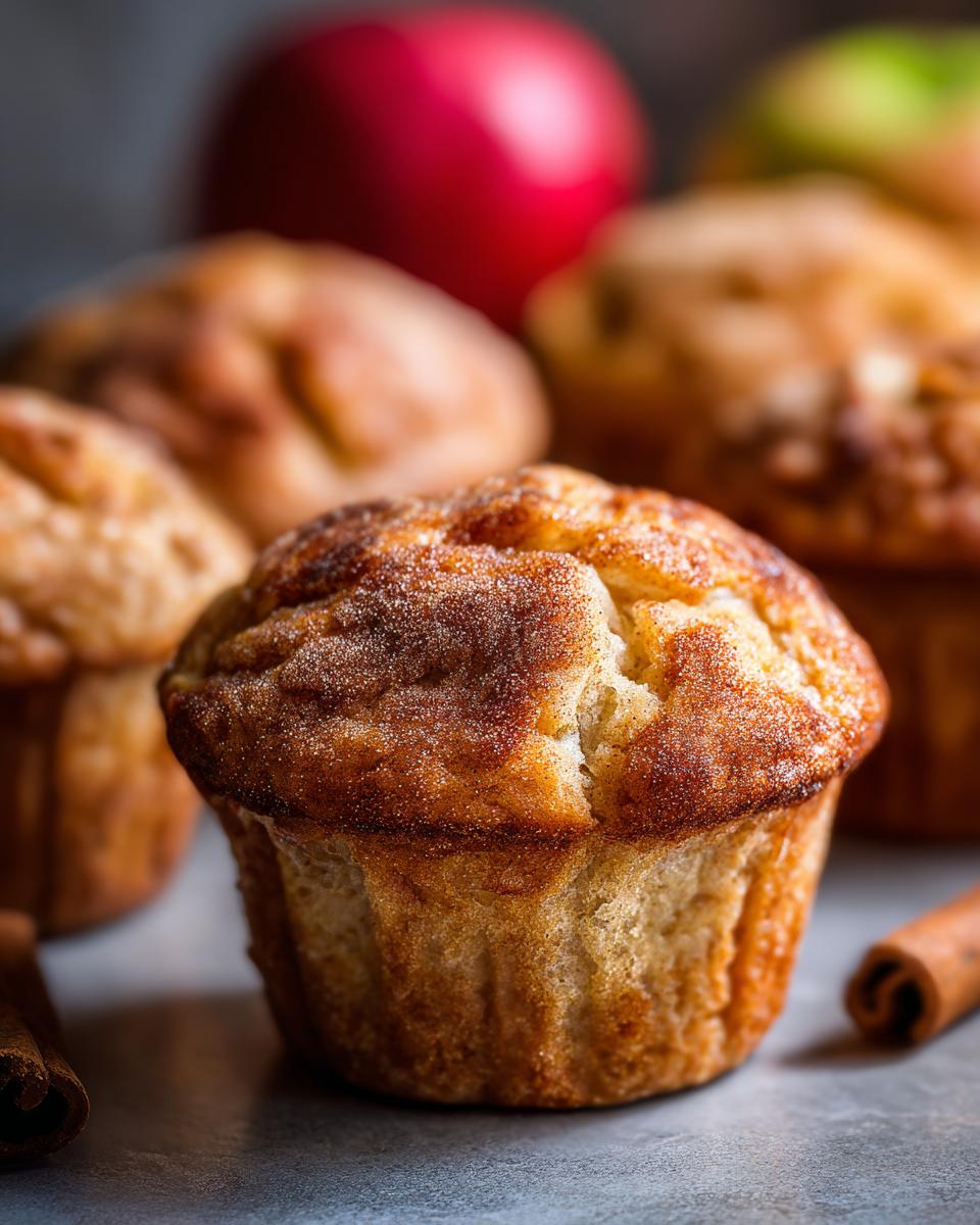 Close-up of a tender Apple Cinnamon Muffin with a golden-brown cinnamon sugar crust, surrounded by other muffins and cinnamon sticks.