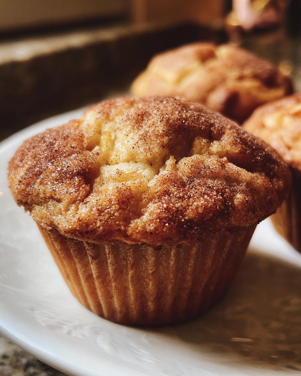 Close-up of a tender Apple Cinnamon Muffin dusted with cinnamon sugar on a white plate.