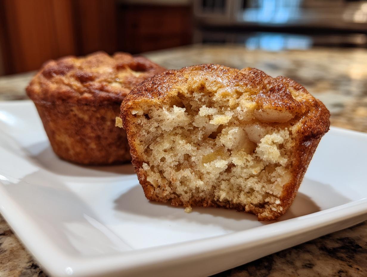 Close-up of a tender Apple Cinnamon Muffin, one is halved showing chunks of apple inside.