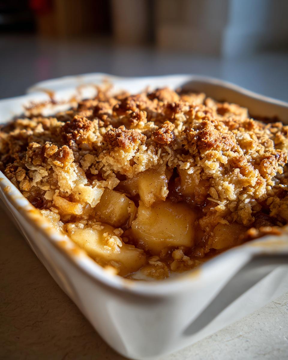 Close-up of a golden brown apple crisp in a white baking dish, showing baked apples and crumble topping.
