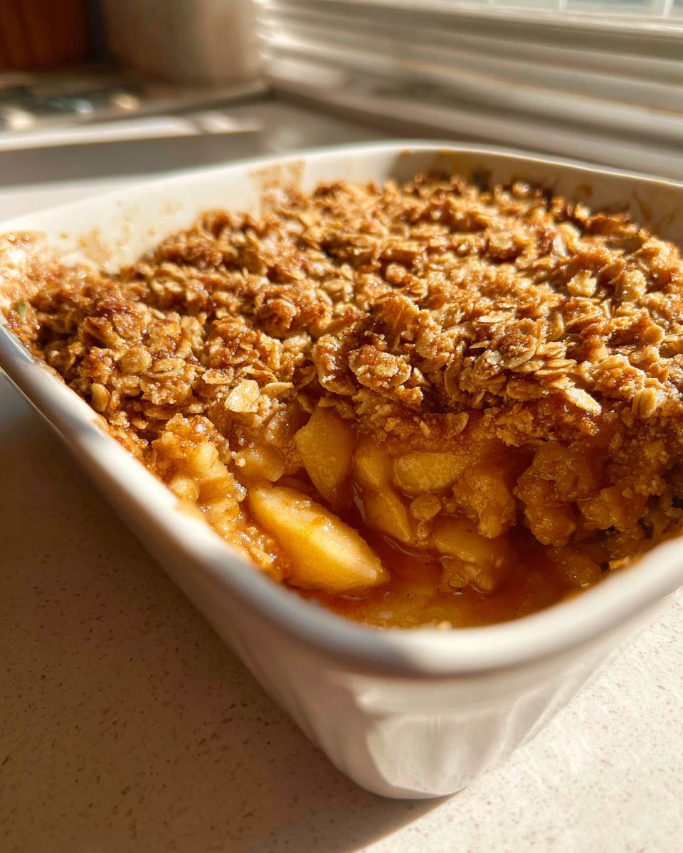 Close-up of a freshly baked apple crisp in a white baking dish, showing tender apple slices and a golden oat topping.