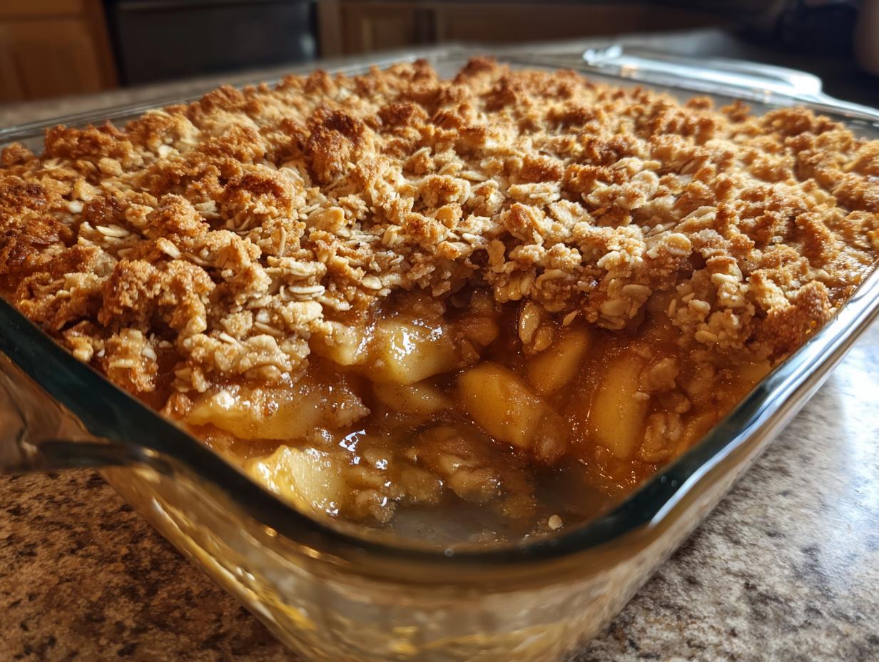 Close-up of a golden brown apple crisp in a glass baking dish, showing baked apples and oat topping.