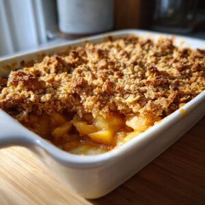 A close-up of a freshly baked apple crisp in a white ceramic dish, showing the golden brown crumble topping and cooked apples.