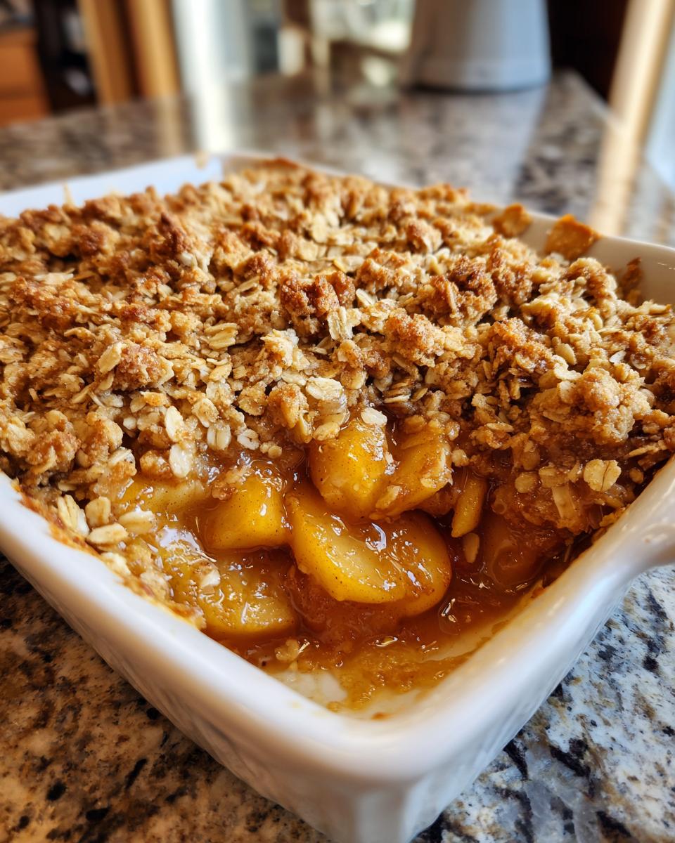 Close-up of a golden apple crisp with a crunchy oat topping and tender baked apples in a white dish.