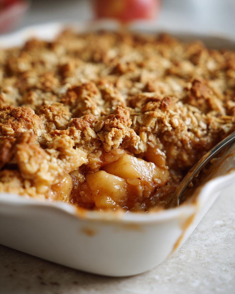 A close-up of a serving dish filled with warm apple crisp, showing tender baked apples and a golden oat topping.
