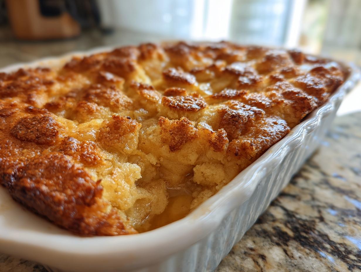 Close-up of a golden brown, freshly baked apple dump cake in a white baking dish.