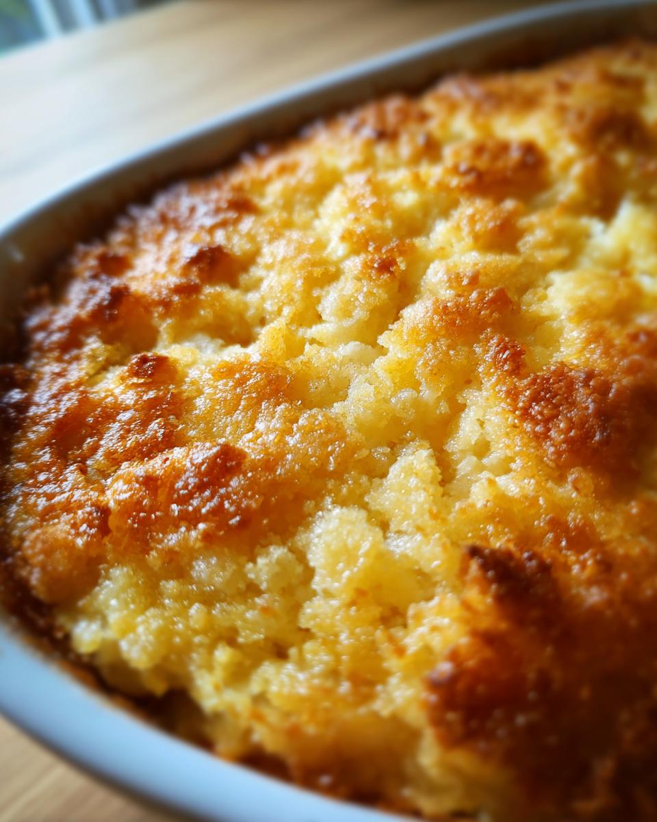 Close-up of a freshly baked apple dump cake with a golden, crumbly topping.