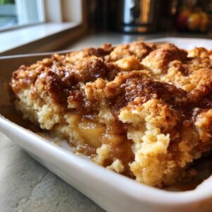 A close-up of a golden-brown slice of apple dump cake in a white baking dish.