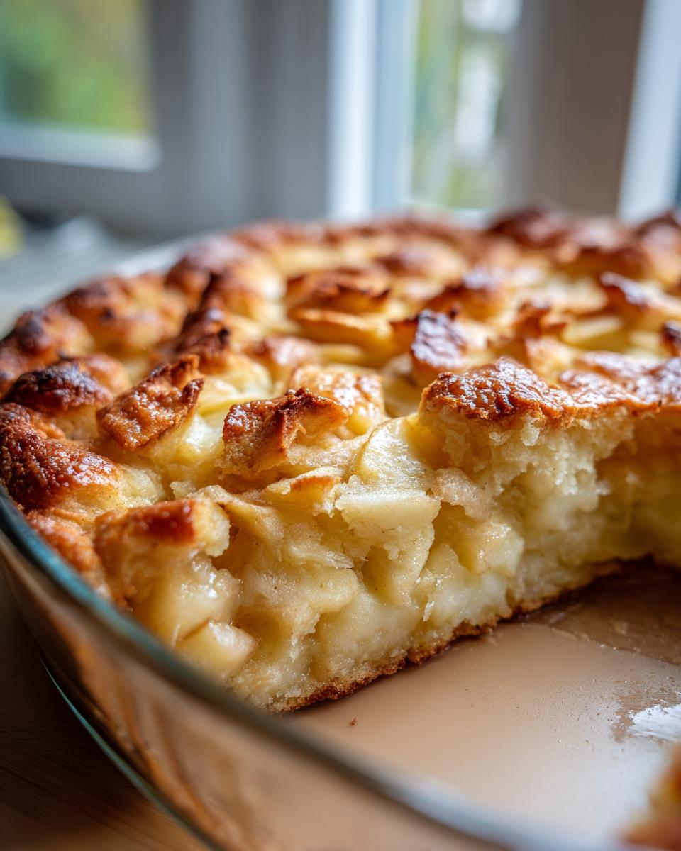 A close-up of a slice of warm apple dump cake in a glass baking dish, showing tender apples and a golden crust.