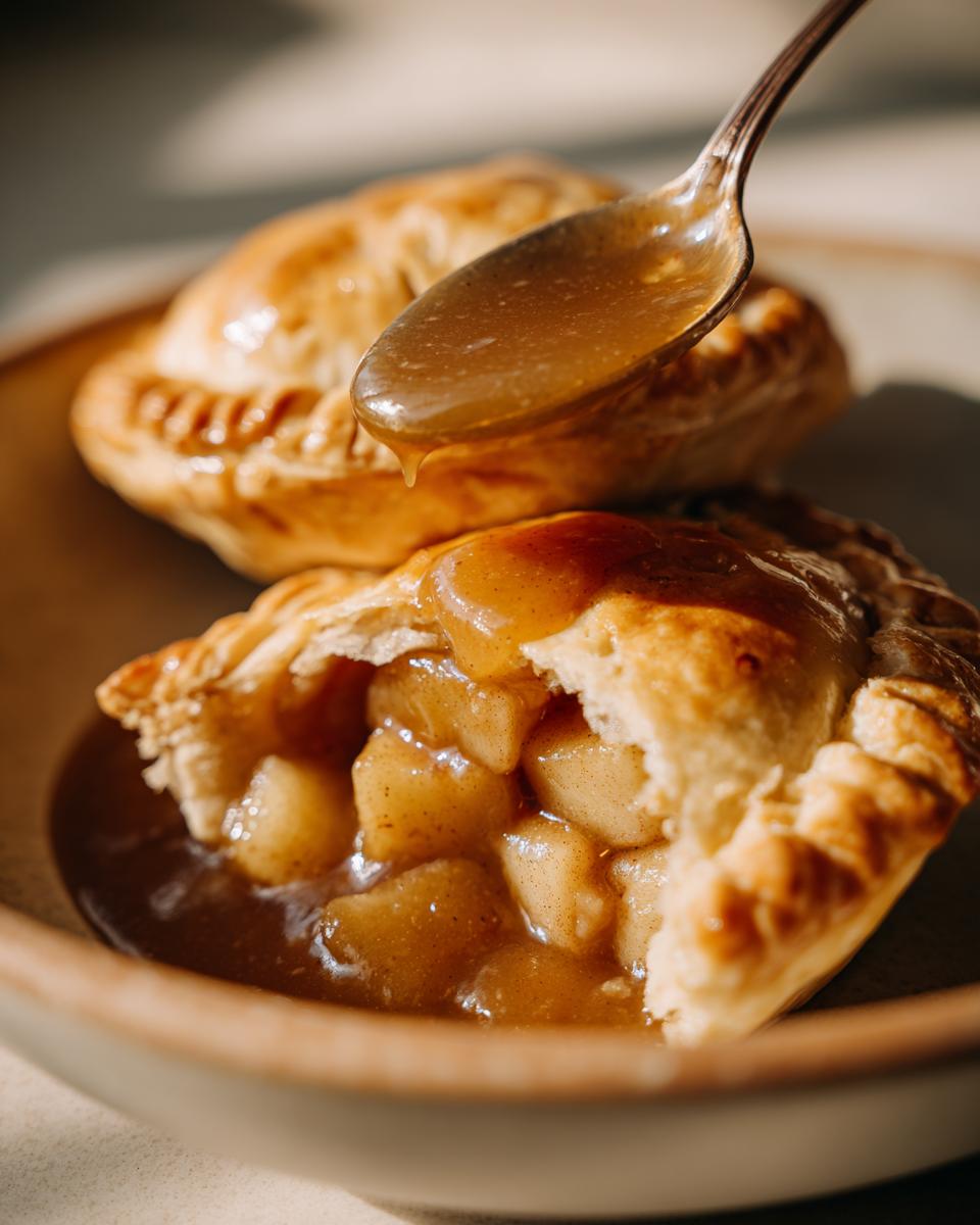 A spoon drizzling caramel sauce over warm apple dumplings.