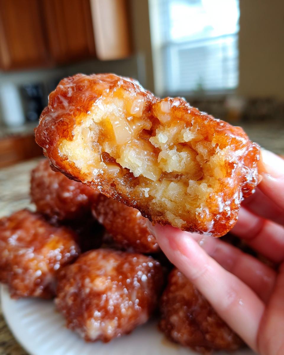 A hand holds a golden-brown apple fritter, broken open to reveal chunks of apple and a glistening glaze.