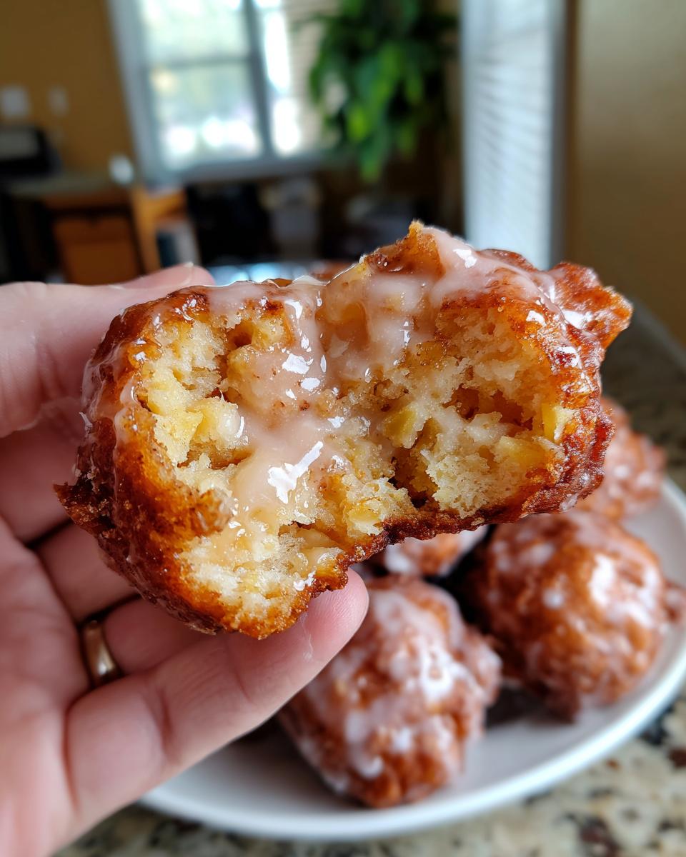 Close-up of a hand holding a bitten apple fritter, showing the fluffy interior and sweet glaze.