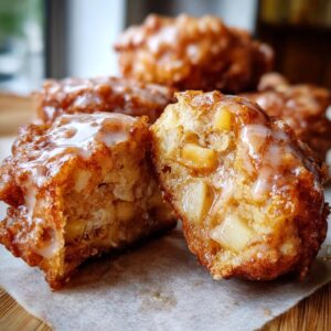 Close-up of a broken apple fritter, showing chunks of apple and a sweet glaze.