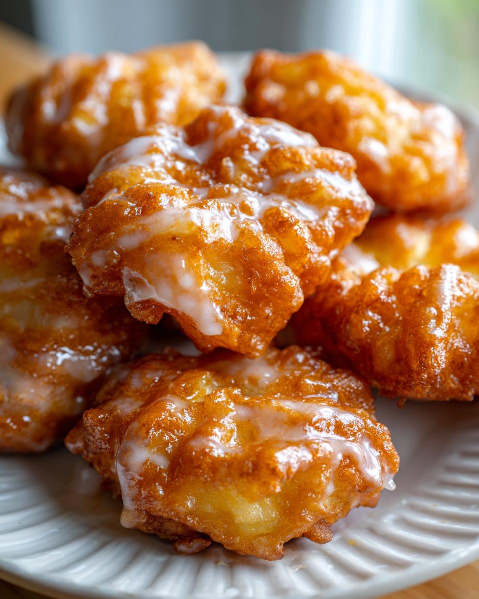 A close-up of several golden-brown apple fritters drizzled with a white glaze, piled on a white plate.