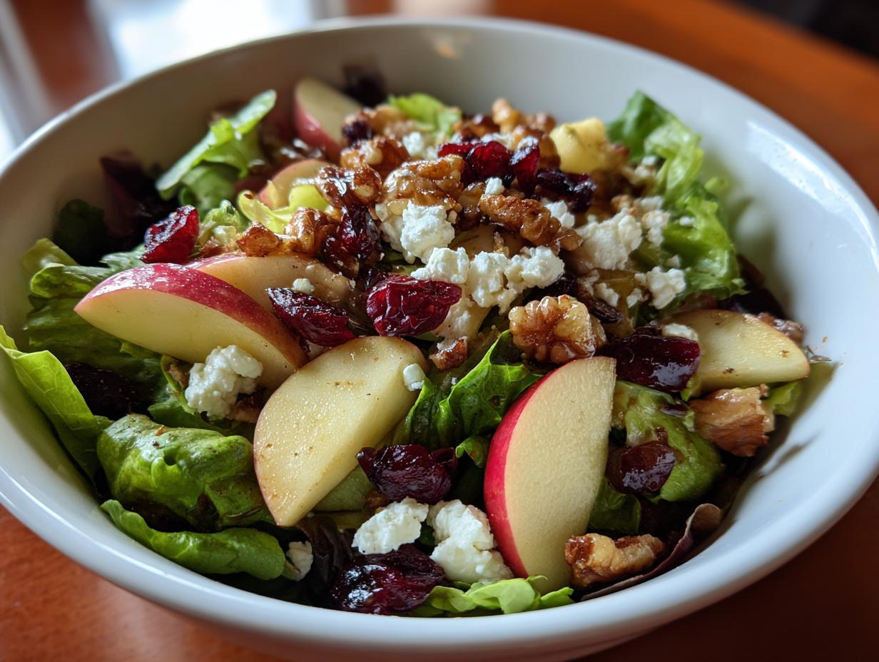 A close-up of a vibrant apple walnut salad featuring crisp lettuce, sliced apples, dried cranberries, crumbled feta cheese, and walnuts.