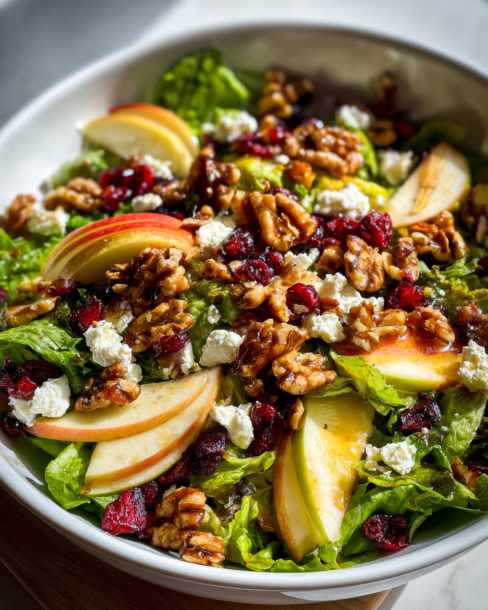 A vibrant bowl of apple walnut salad featuring crisp lettuce, sliced apples, crumbled feta, dried cranberries, and toasted walnuts.