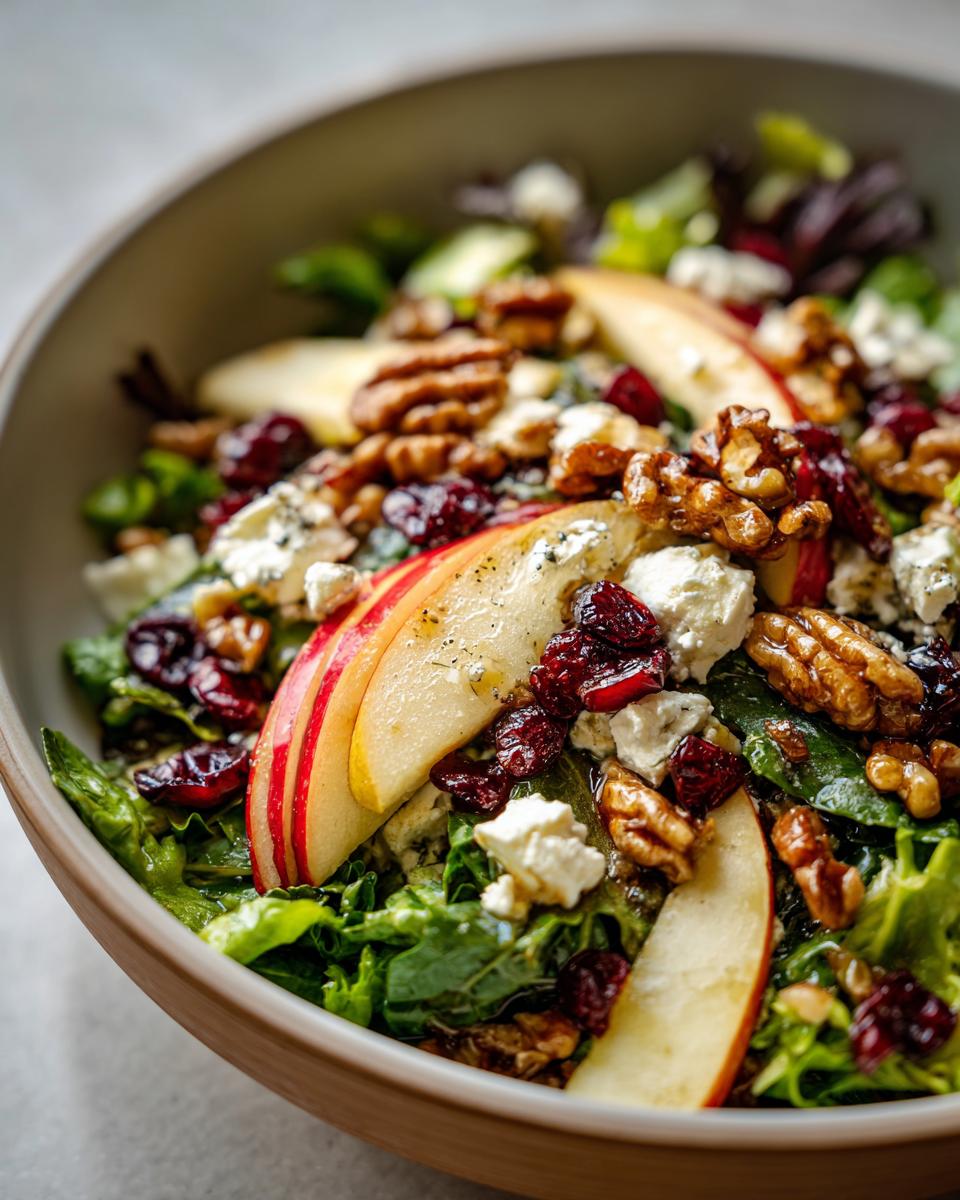 A close-up of a fresh Apple Walnut Salad with crisp lettuce, sliced apples, walnuts, dried cranberries, and crumbled blue cheese.