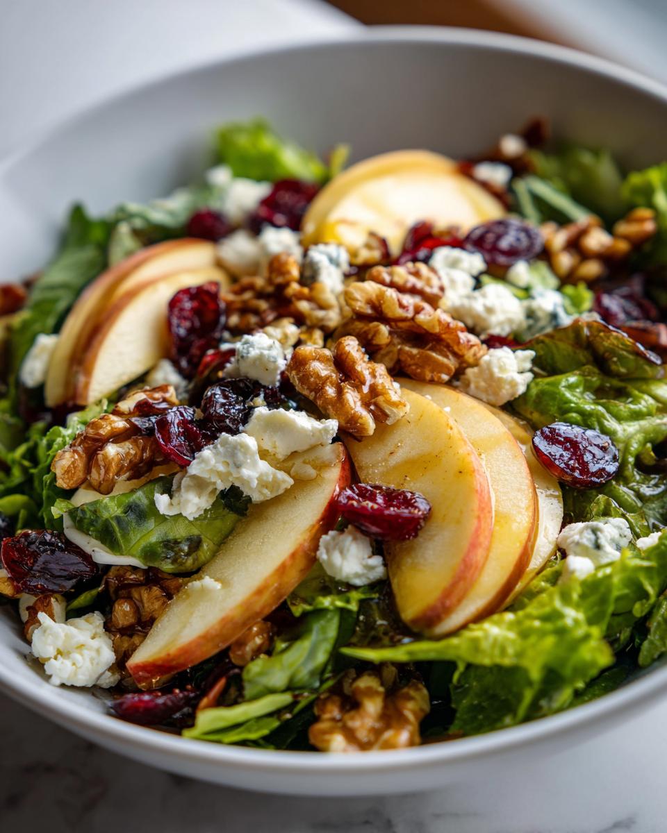 Close-up of a fresh Apple Walnut Salad with crisp lettuce, sliced apples, walnuts, dried cranberries, and crumbled blue cheese.