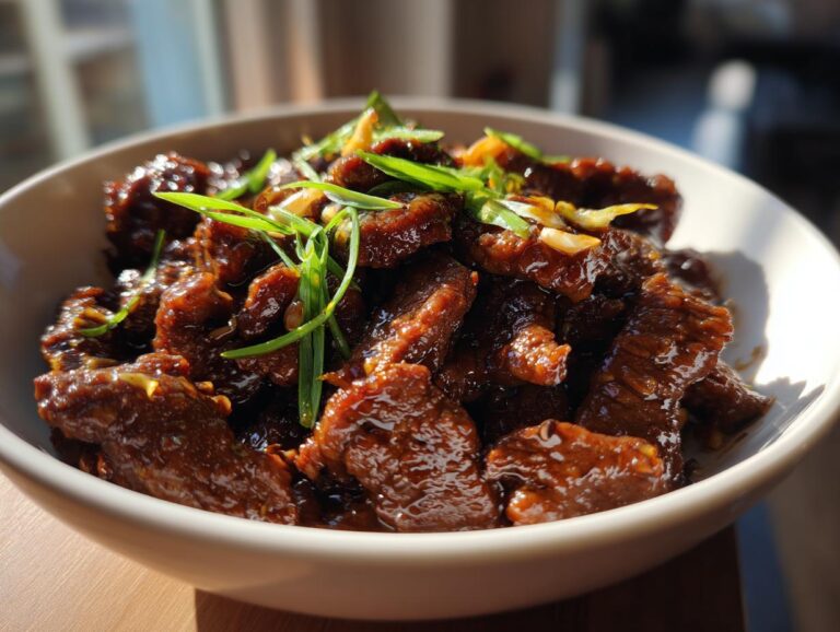Close-up of a bowl filled with glossy, savory Mongolian beef garnished with fresh green onions.