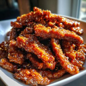 A close-up of a bowl filled with delicious, glossy Mongolian beef strips sprinkled with sesame seeds.