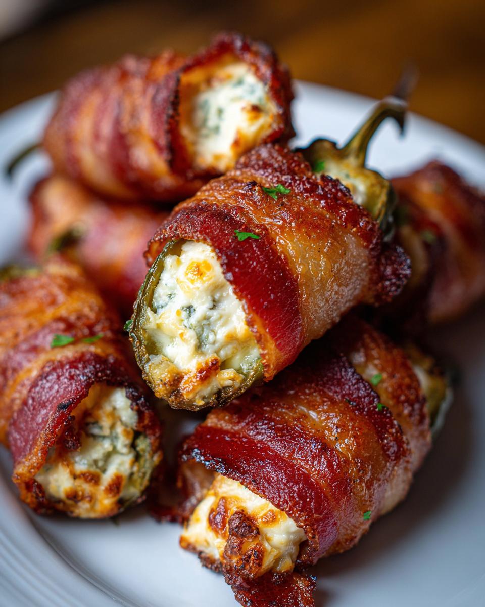 Close-up of delicious bacon wrapped jalapeno poppers stuffed with cream cheese and herbs.