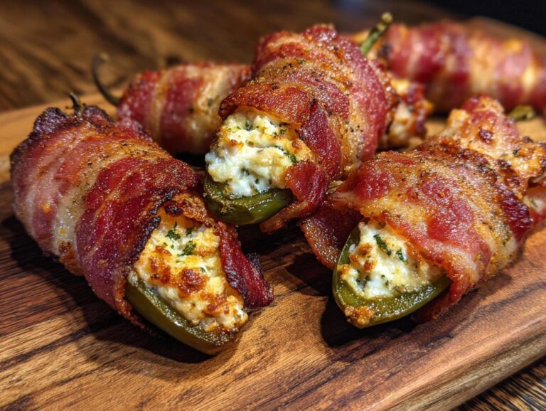 Close-up of delicious bacon wrapped jalapeno poppers stuffed with creamy cheese filling.