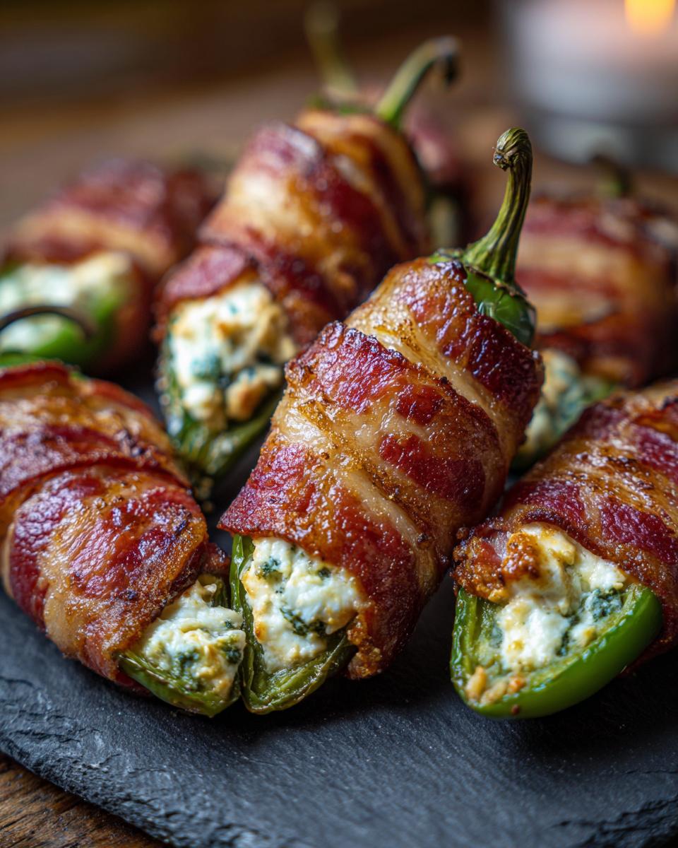 Close-up of delicious bacon wrapped jalapeno poppers stuffed with cream cheese and herbs.