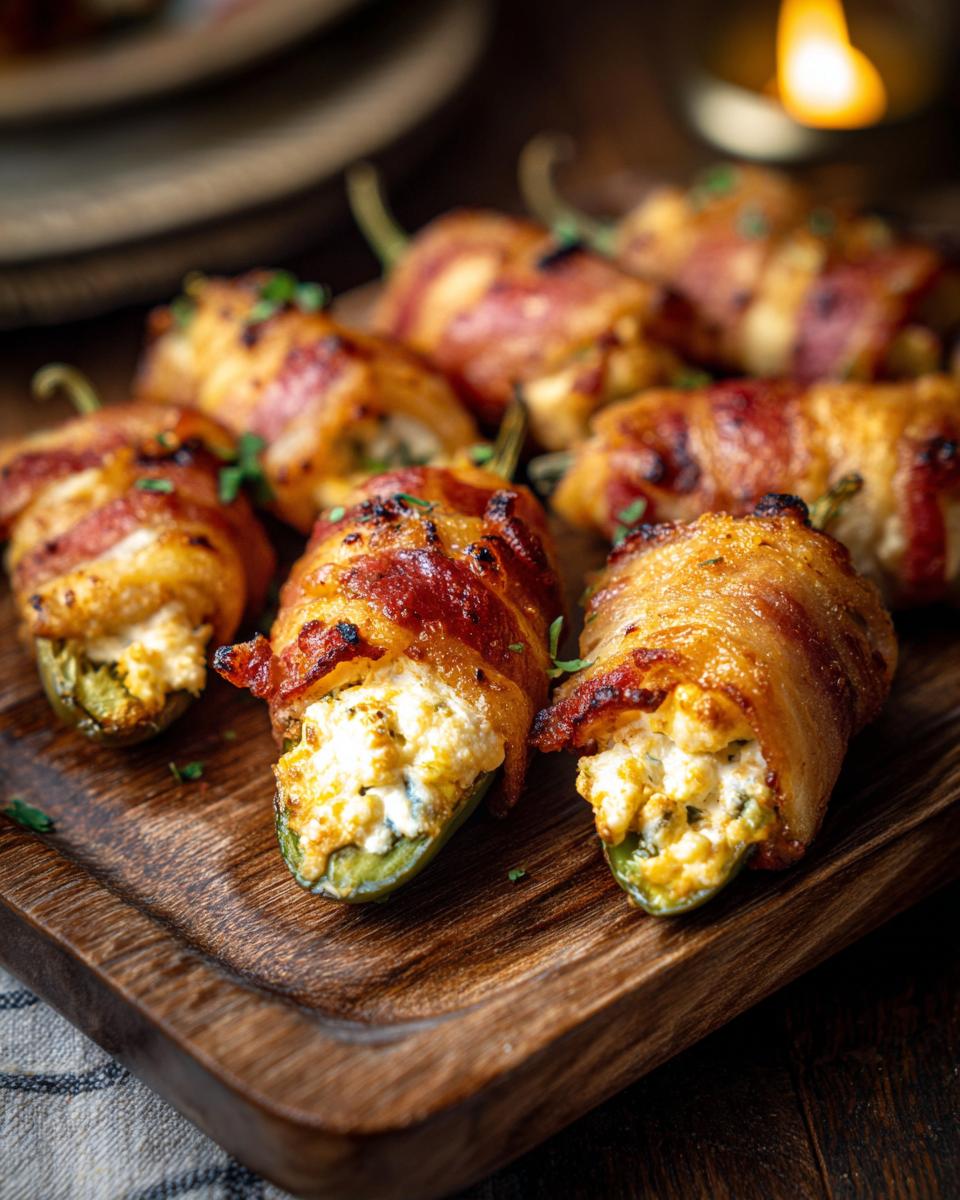Close-up of delicious bacon wrapped jalapeno poppers filled with creamy cheese.