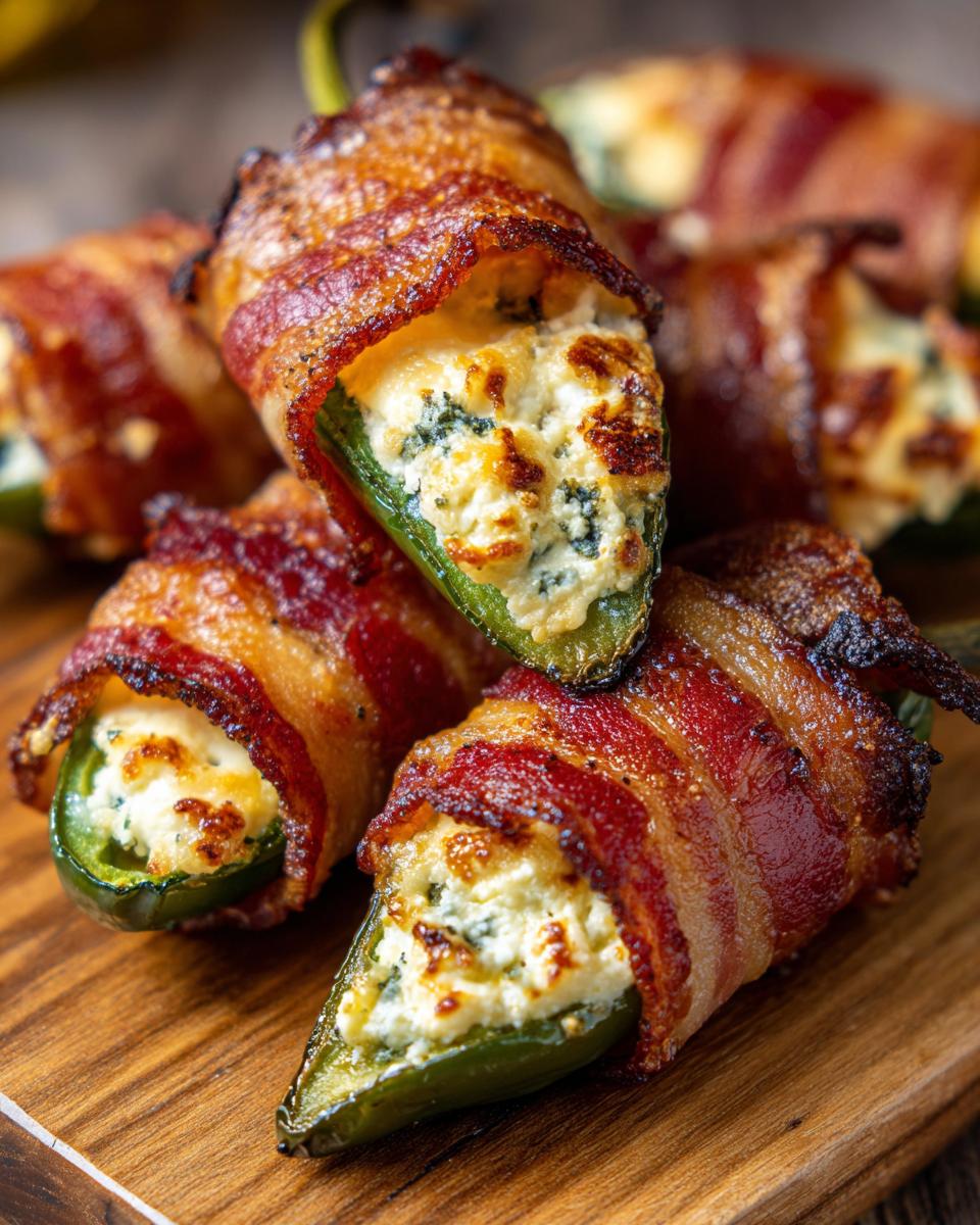 Close-up of delicious bacon wrapped jalapeno poppers stuffed with creamy cheese filling.
