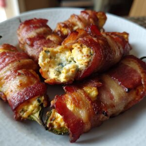 A plate of perfectly cooked bacon wrapped jalapeno poppers, with one cut open to reveal the creamy cheese filling.