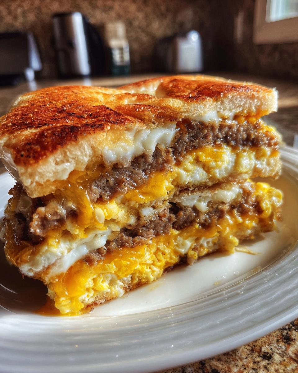 A close-up of a hearty Bagel Breakfast Casserole sandwich with layers of sausage, scrambled eggs, and melted cheese on a white plate.
